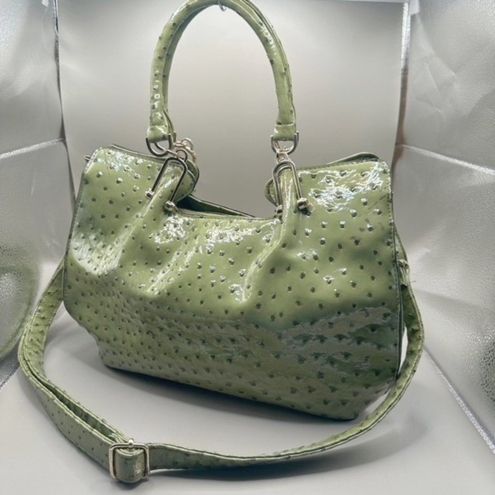 Sondra Roberts Satchel Large Green Ostrich Embossed Patent FauxLeather Gold Trim - Picture 8 of 13